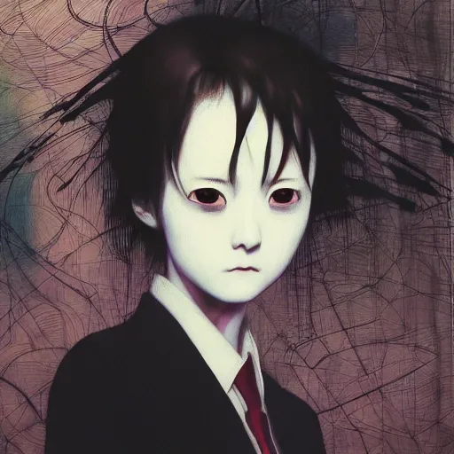 Image similar to yoshitaka amano blurred and dreamy realistic three quarter angle horror portrait of a sinister young woman with short hair, and black eyes wearing office suit with tie, junji ito abstract patterns in the background, satoshi kon anime, noisy film grain effect, highly detailed, renaissance oil painting, weird portrait angle, blurred lost edges