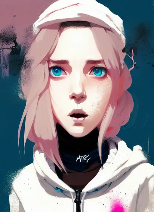 Prompt: highly detailed portrait of a urban punk lady student, blue eyes, hoodie, white hair by atey ghailan, by greg rutkowski, by greg tocchini, by james gilleard, by joe fenton, by kaethe butcher, gradient black, brown and pink color scheme, grunge aesthetic!!! ( ( graffiti tag wall background ) )