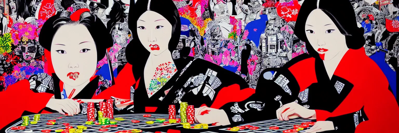 Image similar to hyperrealism composition of the detailed woman in a japanese kimono sitting at an extremely detailed poker table with darth vader, terminator, fireworks on the background, pop - art style, jacky tsai style, andy warhol style, acrylic on canvas