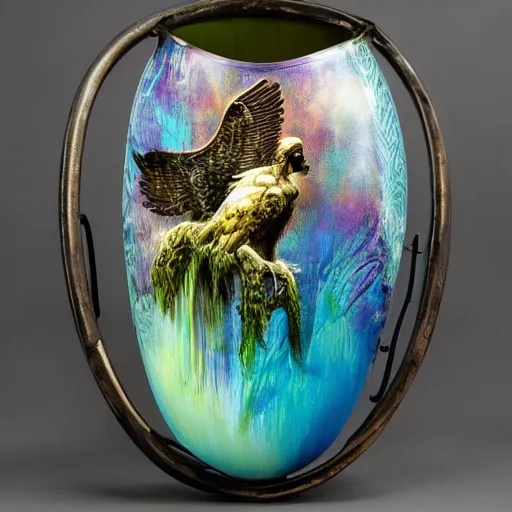 Prompt: iridescent spring soft stream height osprey tambourine vase holder , by Karol Bak and Beksinski and Zdzisław Beksiński , NFT , pixel perfect , cyberpunk