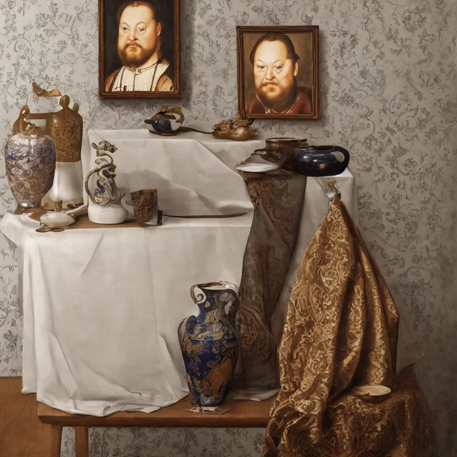 Image similar to beautiful studio photograph of a ceramics display with a portrait of henry the viii painted by hans holbein painted onto a tall angular stoneware vase with handles placed on a tablecloth on a wooden table, hyperrealism 8 k trending on artstation