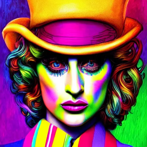 Image similar to an extremely psychedelic portrait of lady gaga as willy wonka, surreal, lsd, face, detailed, intricate, elegant, lithe, highly detailed, digital painting, artstation, concept art, smooth, sharp focus, illustration,