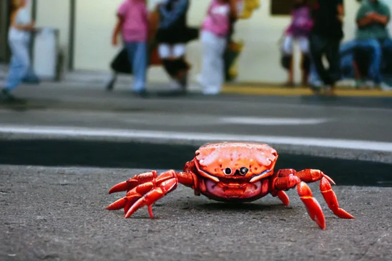 Image similar to a cute crab robot, in 2 0 0 2, at a mall, street style, crabcore, low - light photograph, photography by tyler mitchell