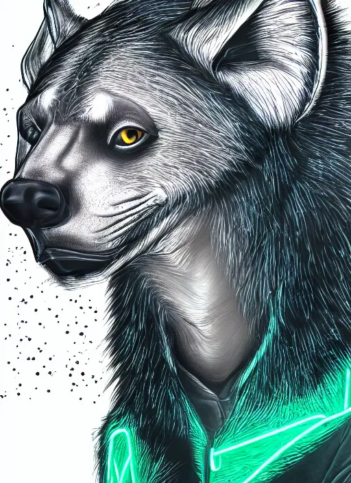 Image similar to digital drawing of anthromorphic hyena female drawn in cell shaded, fursona, furry fandom, neon rainy cyberpunk setting, anthro, wearing leather jacket, detailed face,