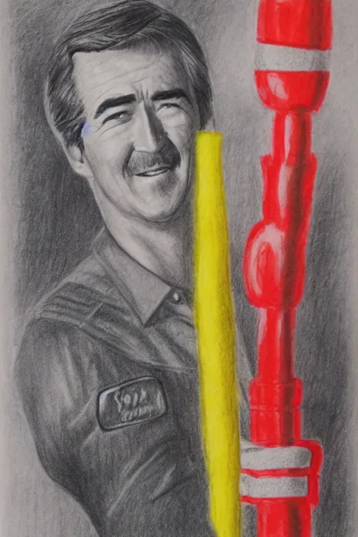 Image similar to a felt tip drawing of randy mantooth as a fire fighter by a child, bright colours, detailed