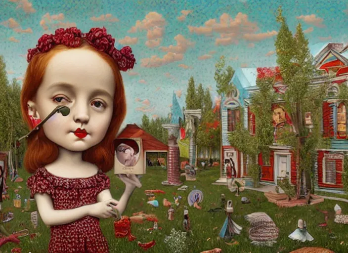 Prompt: simple folk art, lowbrow, matte painting, 3 - d highly detailed, in the style of mark ryden,