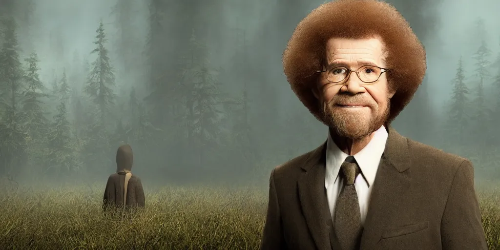 Image similar to bob ross, horror, dark cinematic, volumetric, realistic, 3d render, Realistic Render, Cinematic lighting, Volumetric lighting, atmospheric, cinematic, unreal engine, unreal engine render, octane render, HD, photorealism, hyper realistic, photo, 8K, in the style of Chris Cunnigham, by Wes Anderson