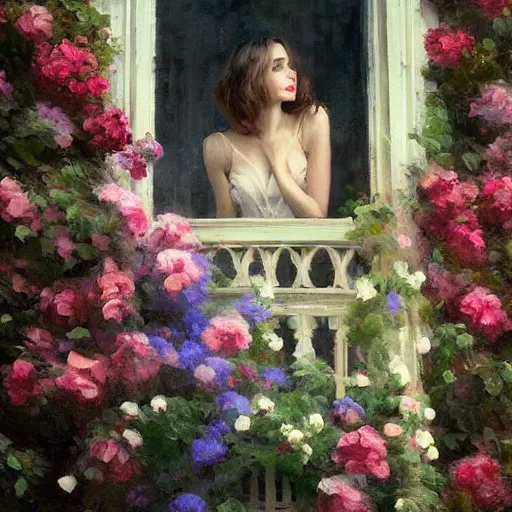 Prompt: aesthetic stunning portrait of a woman on a balcony full of flowers and vines watching the sunset. by Daniel F. Gerhartz and Liam Wong, nocturne, art deco 8k hq