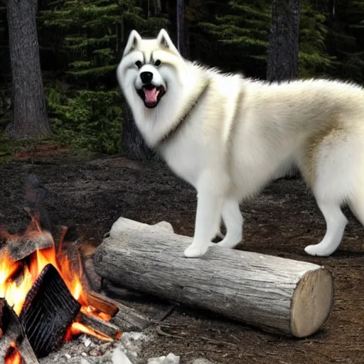 Prompt: alaskan malamute behind campfire in medieval setting