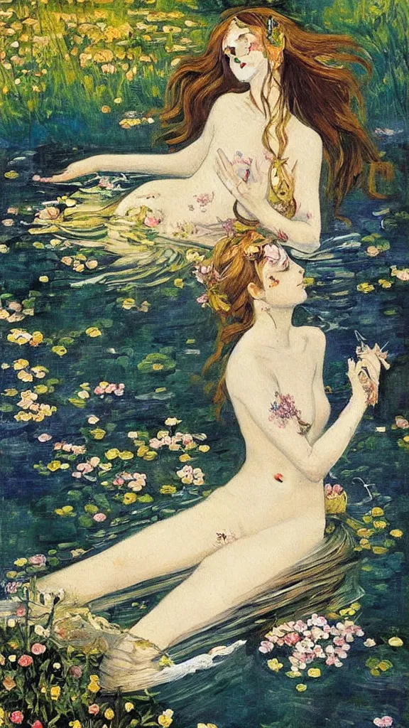 Prompt: prompt: beautiful girl sleeping in the lake with shining face painted by Valentin Serov, Ophelia painting inspired, intricate detailed oil painting, alchemical artifacts and hieroglyphs, magical items, gnarly paint marks