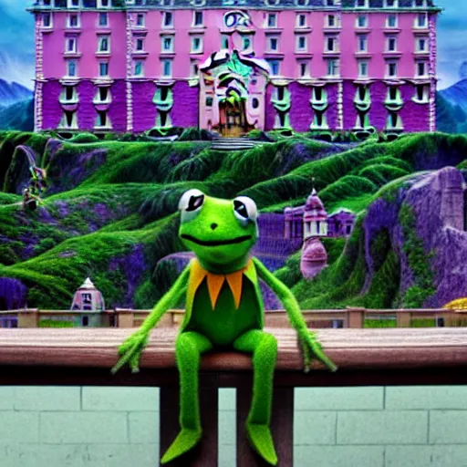 Image similar to kermit the frog in grand budapest hotel