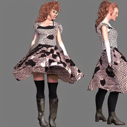 Prompt: A Marvelous Designer render of a cow costume with Holstein print fabric. Ruched bodice, puff sleeves, skater skirt, go-go boots.