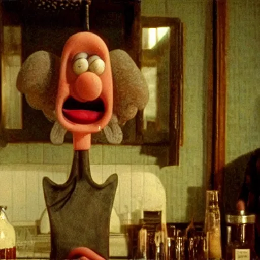 Image similar to squidward working as a bartender in the shining