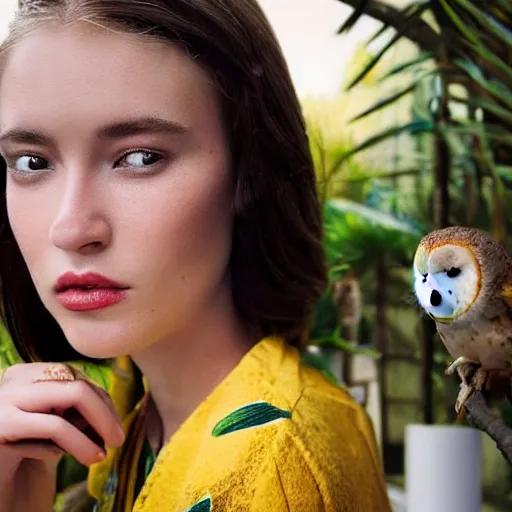 Image similar to head to shoulder portrait film photograph of an elegant top model wearing a yellow kimono with a very detailed barn owl on her shoulder!!! in a tropical greenhouse. looking at the camera!!. super resolution. 85 mm f1.8 lens.bokeh. graflex. by Alessio albi !