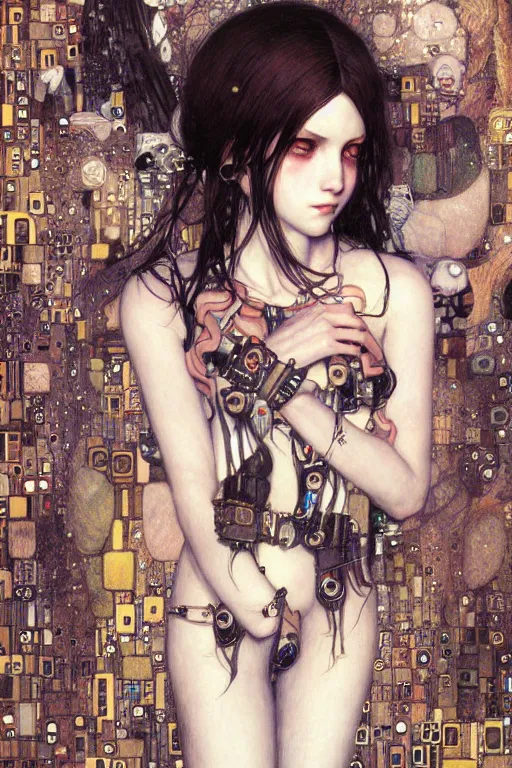 Image similar to portrait of beautiful young gothic maiden, cyberpunk, Warhammer, highly detailed, artstation, illustration, art by Gustav Klimt and Range Murata