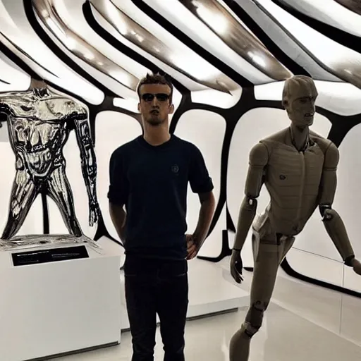 Image similar to “ a realistic detailed photo of a guy who is an attractive humanoid who is half robot and half humanoid, who is a male android, soccer player antoine griezmann, shiny skin, posing like a statue, blank stare, at the museum, on display ”