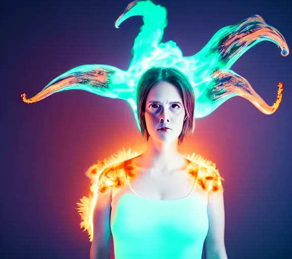 Image similar to portrait of a woman with flaming horns in the wisps of thick smoke, looking into the camera, studio photography, studio lighting, realistic render, octane render, 4 k, 8 k, glowing green eyes, face in focus