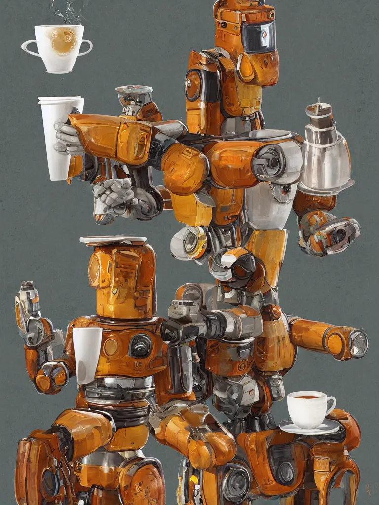 Prompt: half-length portrait of my friendly empatic robot offering a fresh cup of hot coffee to my friends, small sharp focus on coffee cup, by Simon Stalenhaag, by Yoshita Amano, by Esao Andrews, deviantart, 4K