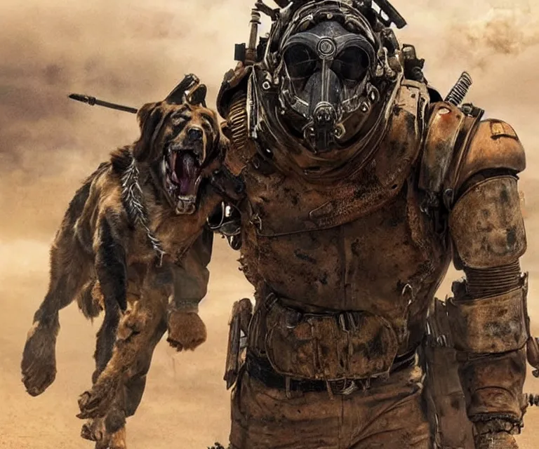 Image similar to a good ol'bloodhound dog fursona ( from the furry fandom ), heavily armed and armored facing down armageddon in a dark and gritty version from the makers of mad max : fury road. witness me.