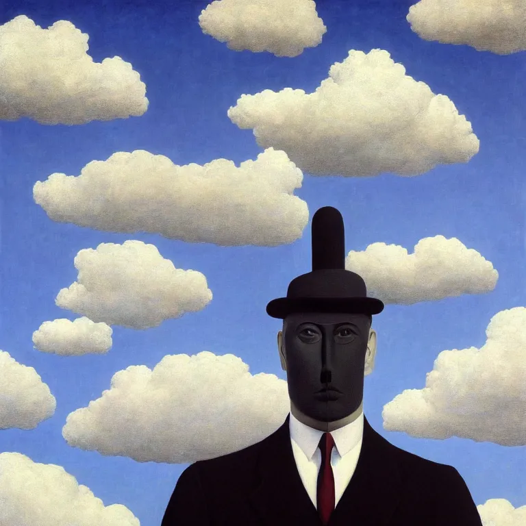 Image similar to portrait of a faceless shadow - head man in a suit, clouds in the background, by rene magritte, detailed painting, distance, middle centered, hd, hq, high resolution, high detail, 4 k, 8 k