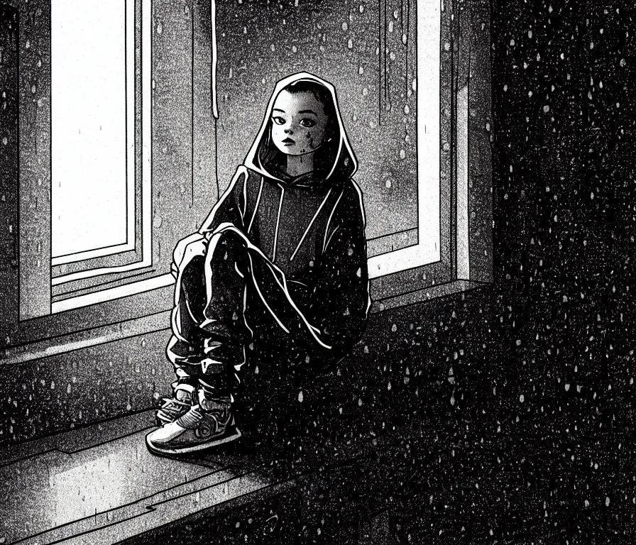 Prompt: sadie sink in hoodie sits on windowsill, knees tucked in | rain falls at night : storyboard, scifi cyberpunk. by chris bonura. cinematic atmosphere, detailed and intricate, perfect anatomy