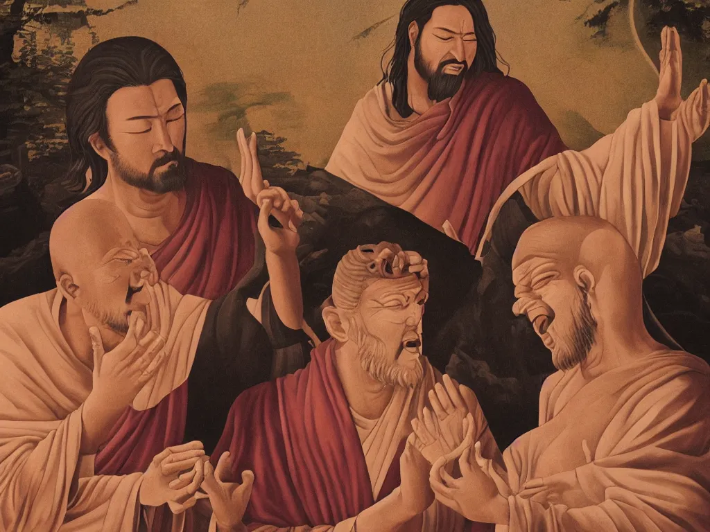 Image similar to jesus and buddha sit drink and laugh together in dessert, hyperrealistic picture,with keanu reves as jesus and jackie chan as buddha,winning of of religion tolerance award 2055,4k,details