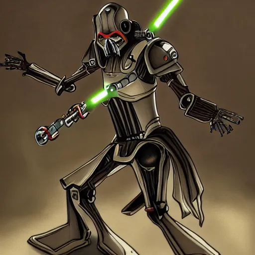 Image similar to General Grievous!!!, on cruches, with 4 lightsabers in his hands,