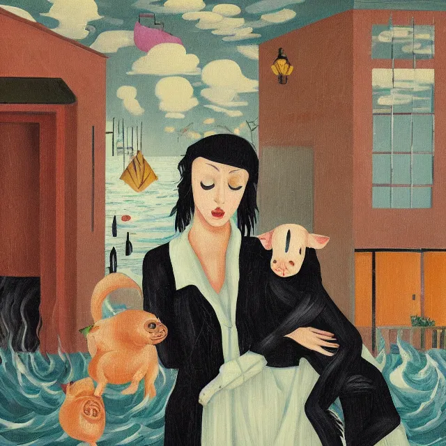 Image similar to tall female emo artist holding a pig in a flooded cafe, octopus, water gushing from ceiling, painting of flood waters inside a cafe, a river flooding indoors, pomegranates, pigs, ikebana, water, octopus, river, rapids, waterfall, black swans, canoe, berries, acrylic on canvas, surrealist, by magritte and monet