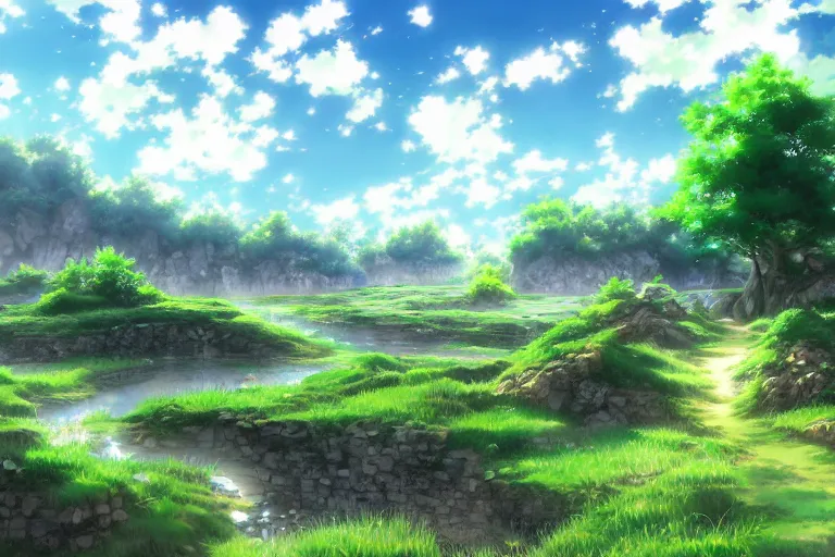 Image similar to anime countryside landscape, beautiful, artstation trending, deviantart, highly detailed, focus, smooth, by hirohiko araki, yoshitaka amano