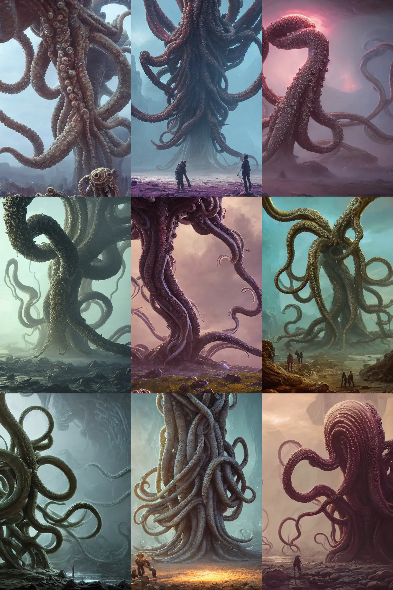 Prompt: giant ancient alien tentacles artwork by rozalski, pastel colors, detailed background, extremely detailed, octane rendering, sharp focus, volumetric light, particles, unreal engine 5, rtx