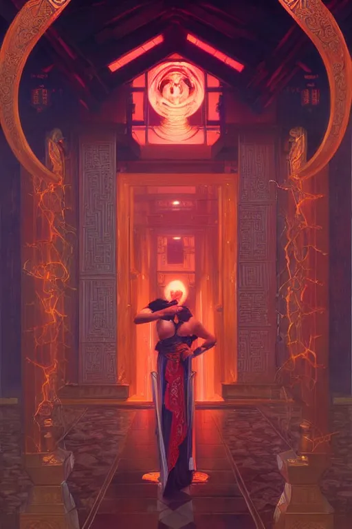 Image similar to temple, taoism, synthwave, painting by greg rutkowski, j. c. leyendecker, artgerm