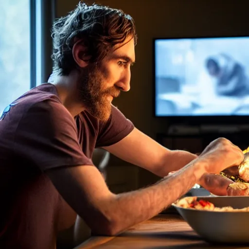 Image similar to picture of asmongold watching tv while cooking a meal, good lighted photo, sharp details, detailed, hd, hdr