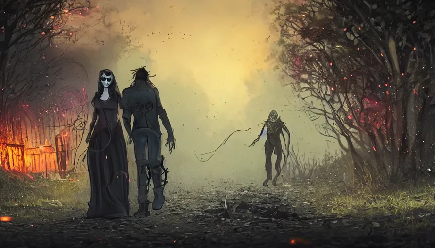 Image similar to lady death and husband walking in a poor neighborhood surrounded by fireflies, cinematic lighting, wow, establishing shot