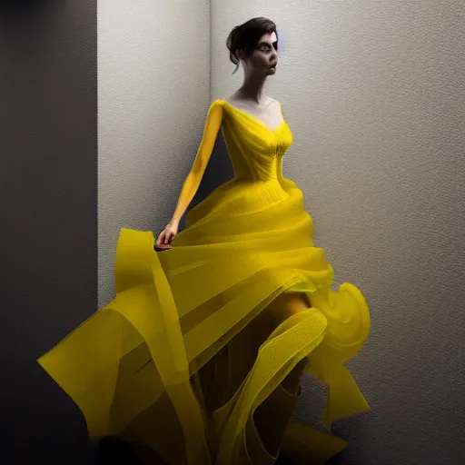 Prompt: woman in yellow organza dress dancing, ultra realistic, concept art, intricate details, dark vibe, highly detailed, photorealistic, octane render, 8 k, unreal engine,