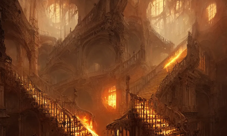 Image similar to stairs from hell to heaven, flames, heavens, beautiful, intricate detail, intricate, epic, vast, digital painting by greg rutkowski, artstation, very detailed, cinematic lighting, concept art