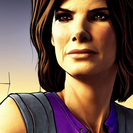 Image similar to sandra bullock portrait, borderlands, tales from the borderlands, the wolf among us, comic, cinematic lighting, studio quality, 8 k