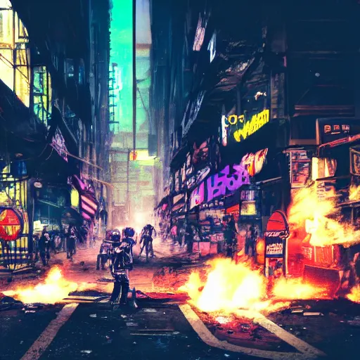 Image similar to photograph of a riot in a cyberpunk city street