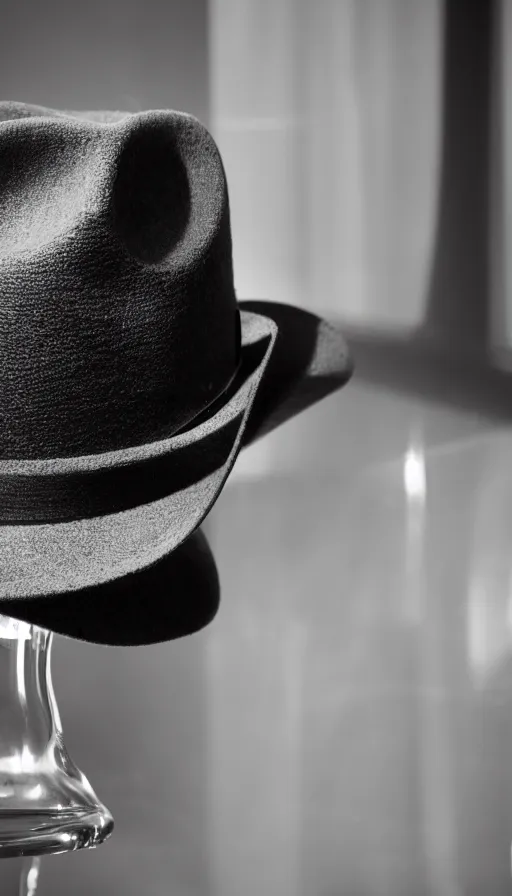 Prompt: a gray fedora with a black hat band is on a dark wood bar near a window, streetlight beams through the window cutting through smoky haze, next to the hat is a cut crystal rocks glass with some bourbon in it, next to it is a toy ray gun, film noir lighting, 8K