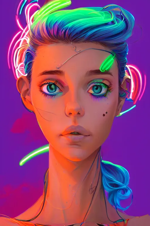 Image similar to a award winning portrait of a beautiful woman with stunning eyes in a one off shoulder croptop and cargo pants with rainbow colored hair, outlined by whirling illuminated neon lines and fine lines swirling in circles by jesper ejsing and rhads and makoto and shinkai and lois van baarle, digital art, trending on artstation