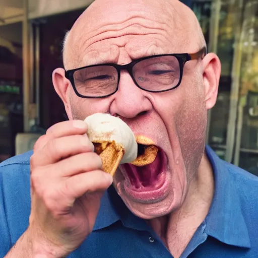 Prompt: very old wrinkly bald guy angrily eating an ice cream cone