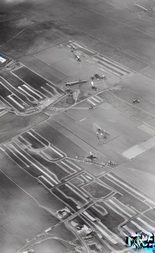 Prompt: aerial picture of an airfield, hangars and grass runway, wwi, highly detailed, black and white, photograph by elliott and fry