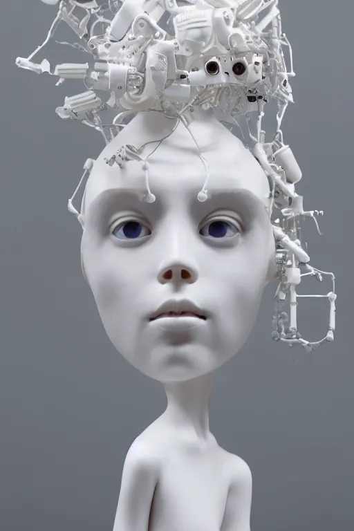 Image similar to full head and shoulders, beautiful female porcelain sculpture with lots of white 3 d cyborg elements, prosthetics, 3 d goggles, smooth, all white features on a white background, delicate facial features, white eyes, white lashes, detailed white, anatomical, transparency by daniel arsham and james jean