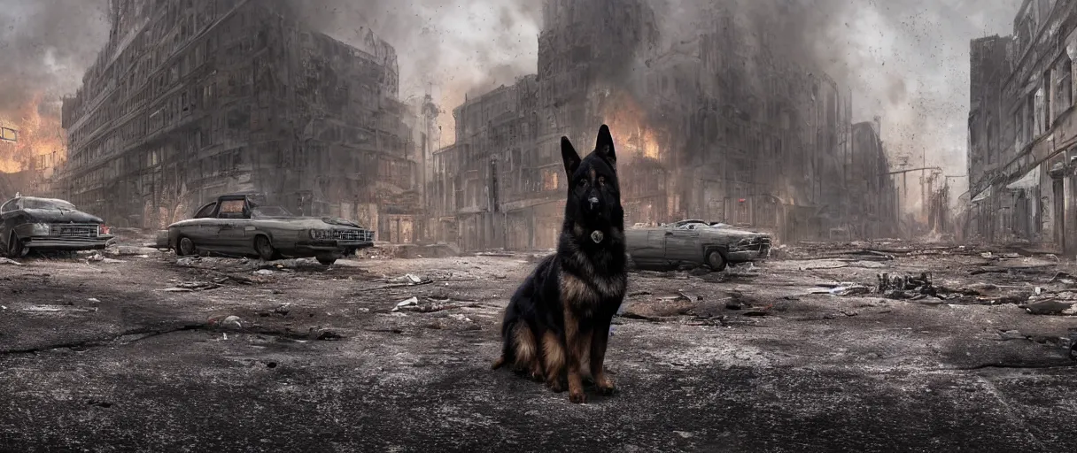 Prompt: A beautiful hyperrealistic ultradetailed matte painting of a scruffy black German Shepherd standing in the middle of city street at night in an abandoned post-apocalyptic city, abaonded cars on fire, crumbling buildings, unreal engine, deviant art, flickr, artstation, octane render, textured, colorful, hyperrealistic, physically based rendering, pbr render, very detailed, volumetric lighting, octane render, 4k, cinematic, 8k resolution,