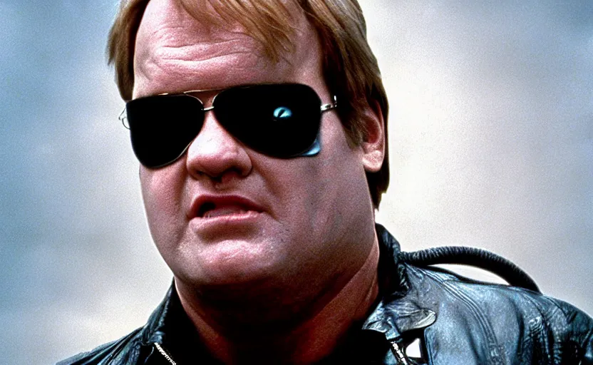 Prompt: VFX film James Cameron's The Terminator starring Chris Farley
