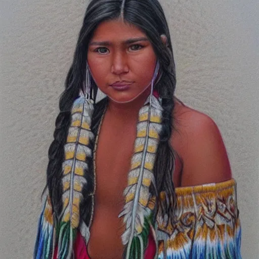 Image similar to ultra detailed colored pencil drawing of a stunningly beautiful first nation girl, style bellerose and desjarlais,