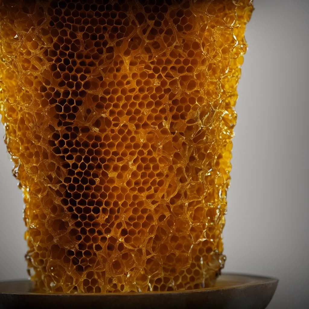 Image similar to real honeycomb elegant traditional vase with dripping honey by tomas gabzdil libertiny, product design, film still from the movie directed by denis villeneuve with art direction by zdzisław beksinski, shallow depth of field