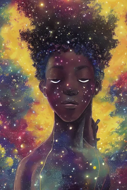 Image similar to ( a young black girl with a nebula afro ) standing under a ( tree made out of galaxy and stars ), trending on pixiv fanbox, painted by makoto shinkai takashi takeuchi studio ghibli, akihiko yoshida, yoshitaka amano, wangechi mutu, clean cel shaded vector art, illustration, hd, 8 k