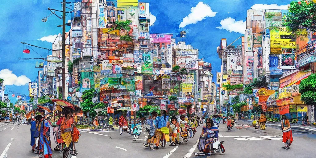 Prompt: colombo sri lankan city street, art by Hayao Miyazaki