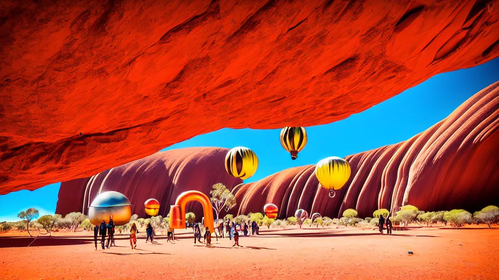 Image similar to large colorful futuristic space age metallic steampunk balloons with pipework and electrical wiring around the outside, and people on rope swings underneath, flying high over the beautiful uluru in central australia city landscape, professional photography, 8 0 mm telephoto lens, realistic, detailed, photorealistic, photojournalism