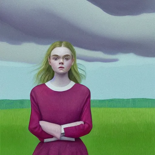 Prompt: professional painting of Elle Fanning in the style of Simon Stalenhag, head and shoulders portrait, symmetrical facial features, smooth, sharp focus, illustration, intricate, stormy weather, extremely detailed masterpiece,